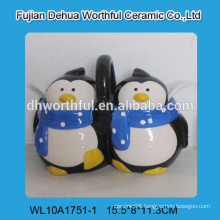 Novel double penguin shaped ceramic seasoning pot with spoons